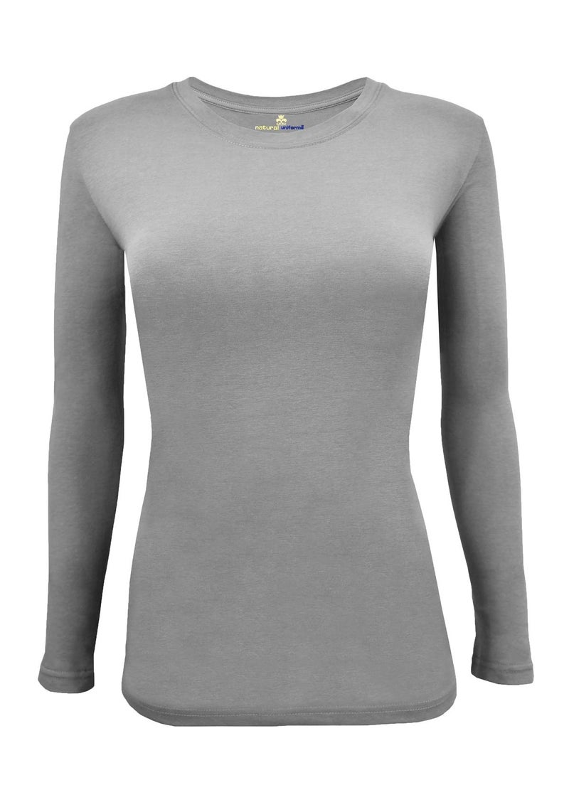 Natural Uniforms تي شيرت تحت القميص للنساء من يونيفورمز الطبيعية بأكمام طويلة و ياقة دائرية (رمادي، صغير) - Image 1